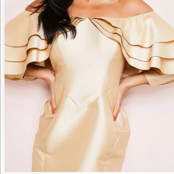 ASOS LUXE triple ruffle bardot structured satin mini
dress in dusty blush - Picture 2 of 4